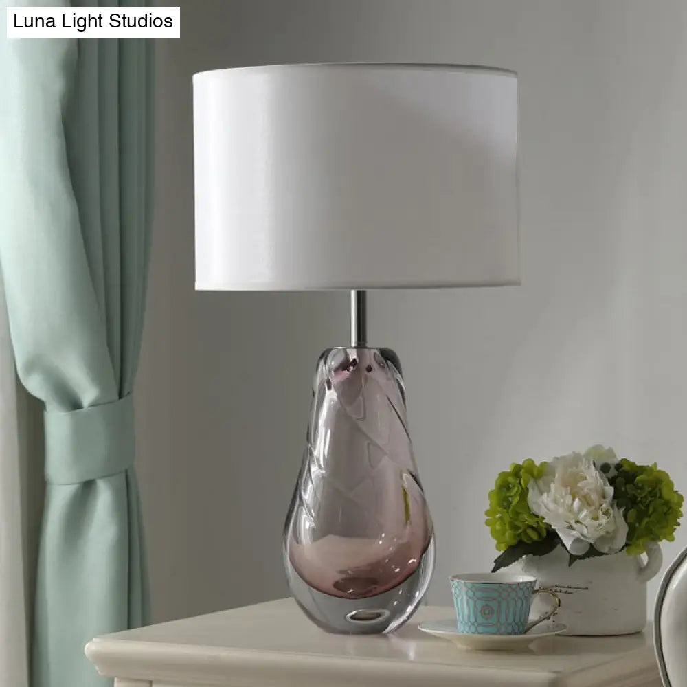 Handblown Glass Pear Living Room Table Lamp Modern White Nightstand Light With Fabric Drum Shade