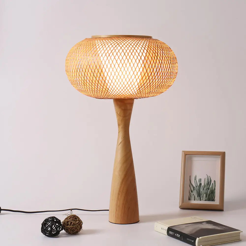 Handcrafted Aian Bamboo Desk Lamp In Beige With Flared Wood Base - Task Lighting