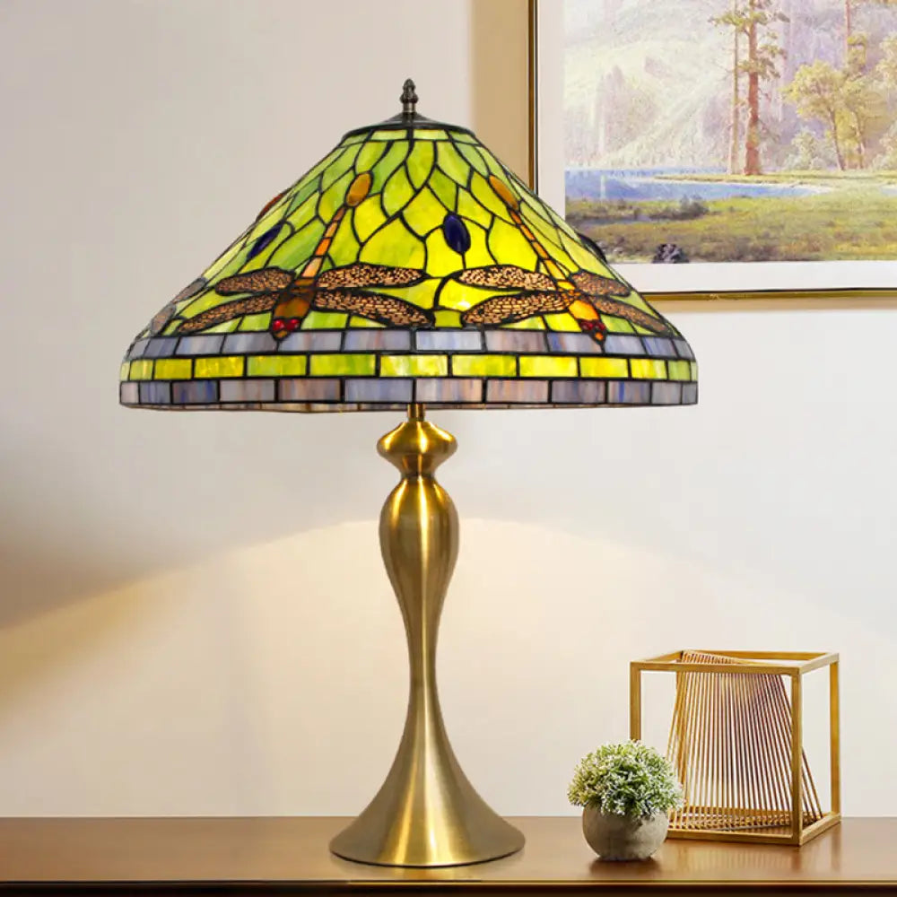 Handcrafted Art Glass Table Lamp With Dragonfly Pattern In Brass Finish