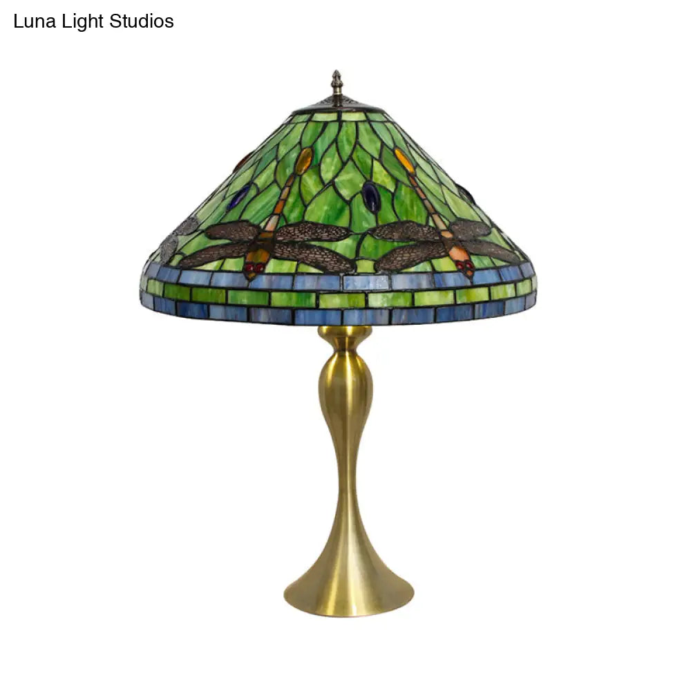 Handcrafted Art Glass Table Lamp With Dragonfly Pattern In Brass Finish