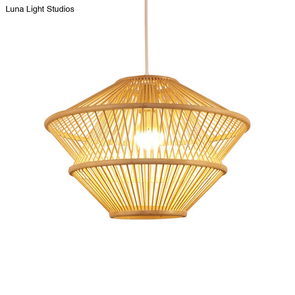 Handcrafted Asian Bamboo Pendant Light Fixture - Elegant 1-Light Beige Hanging Lamp For Dining Table