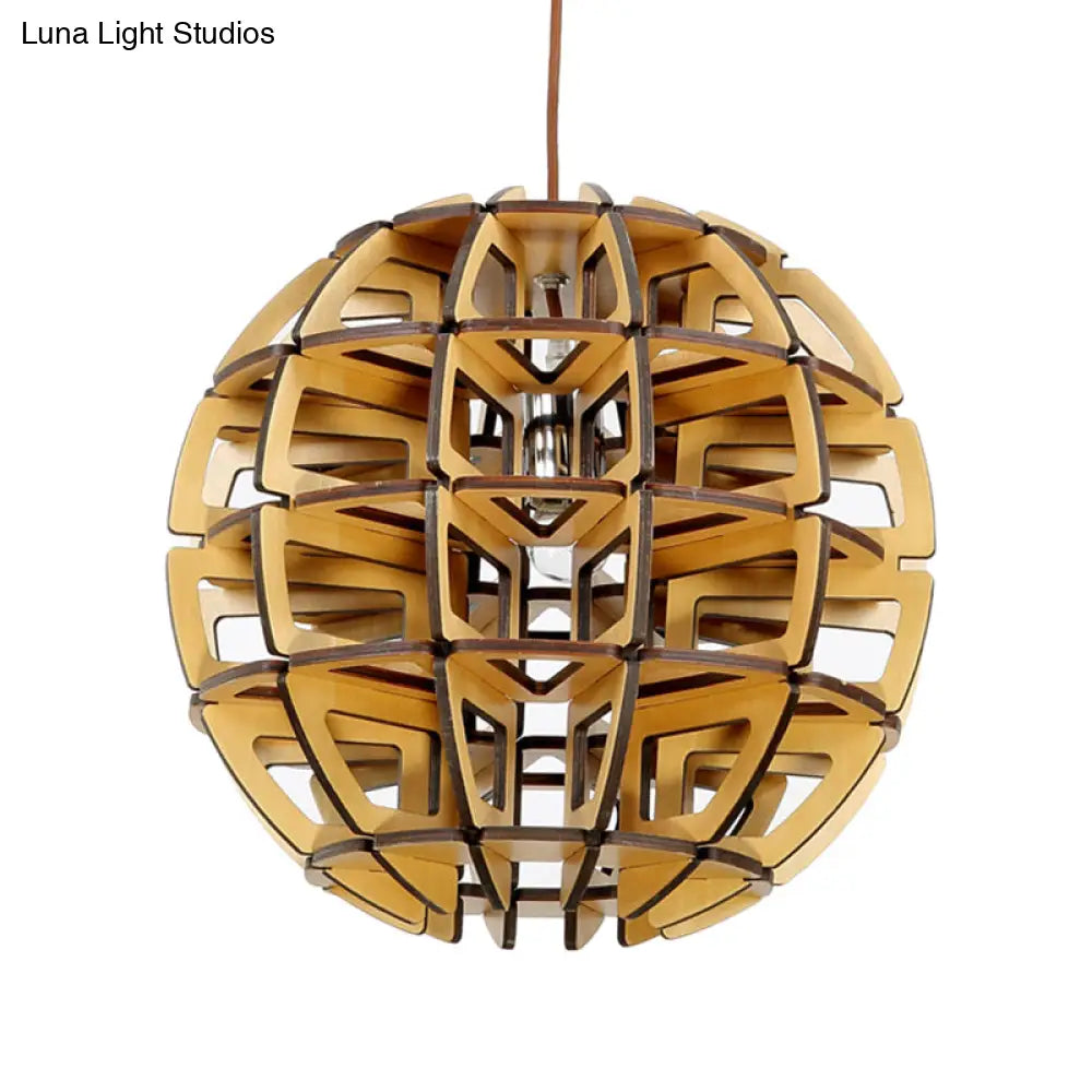 Handcrafted Asian Beehive Ball Pendant Ceiling Lamp - Wooden Crafted Brown Lighting Fixture