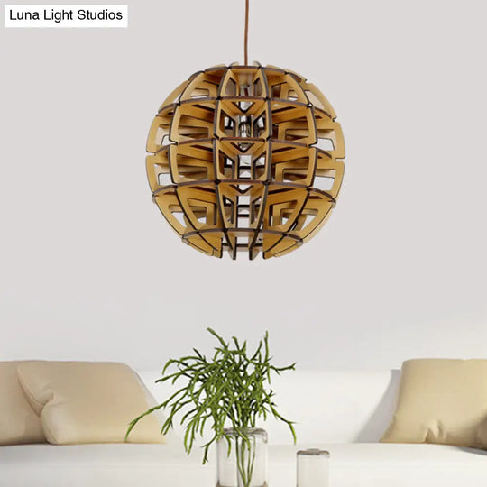 Handcrafted Asian Beehive Ball Pendant Ceiling Lamp - Wooden Crafted Brown Lighting Fixture