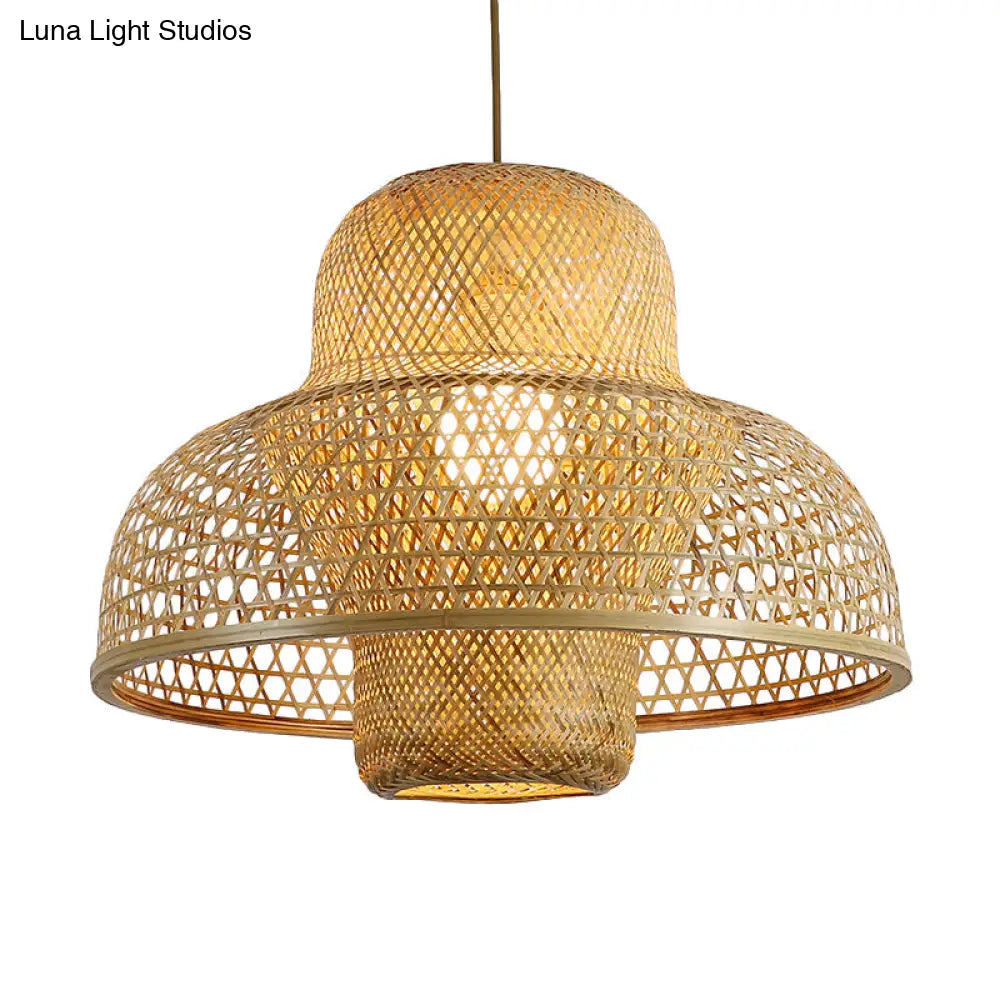 Handcrafted Asian Pendant Light: Flaxen Bamboo Shade 1 Head Hanging Fixture