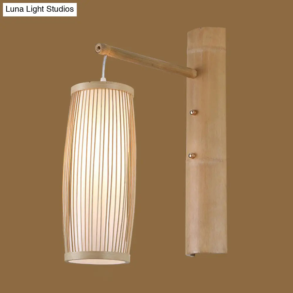 Handcrafted Bamboo Bedside Lantern Wall Sconce - Asian Wood Mount Light