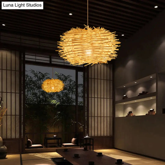 Handcrafted Bamboo Ceiling Light - Asian Style Hanging Lamp For Restaurants 1 Bulb Wood Fixture