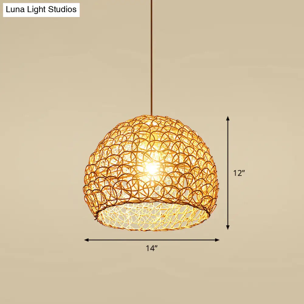 Handcrafted Bamboo Ceiling Light - Asian Style Hanging Lamp For Restaurants 1 Bulb Wood Fixture / H