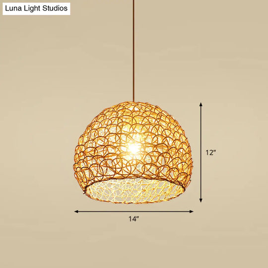 Handcrafted Bamboo Ceiling Light - Asian Style Hanging Lamp For Restaurants 1 Bulb Wood Fixture / H