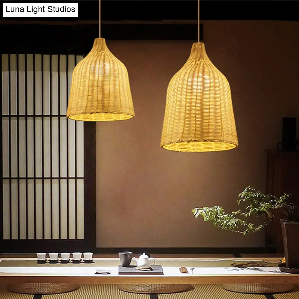 Handcrafted Bamboo Ceiling Light - Asian Style Hanging Lamp For Restaurants 1 Bulb Wood Fixture