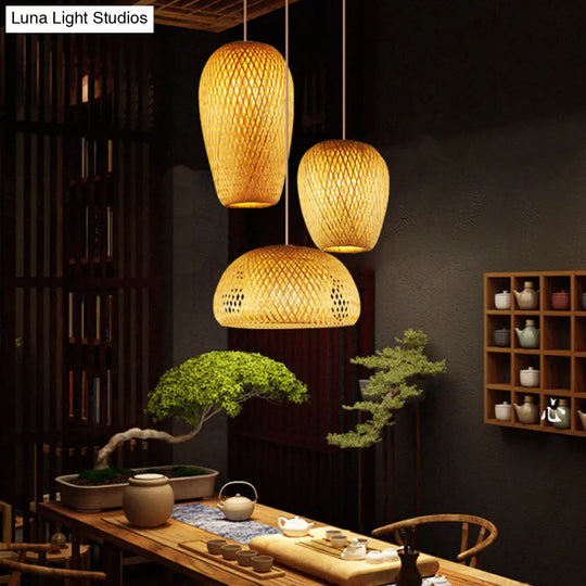 Handcrafted Bamboo Ceiling Light - Asian Style Wood Hanging Lamp For Restaurants 1 Bulb