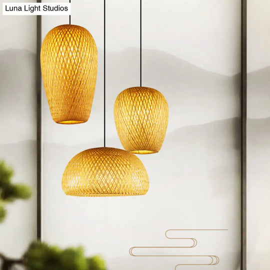 Handcrafted Bamboo Ceiling Light - Asian Style Hanging Lamp For Restaurants 1 Bulb Wood Fixture