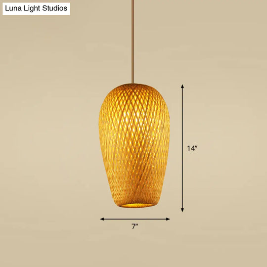 Handcrafted Bamboo Ceiling Light - Asian Style Hanging Lamp For Restaurants 1 Bulb Wood Fixture / F