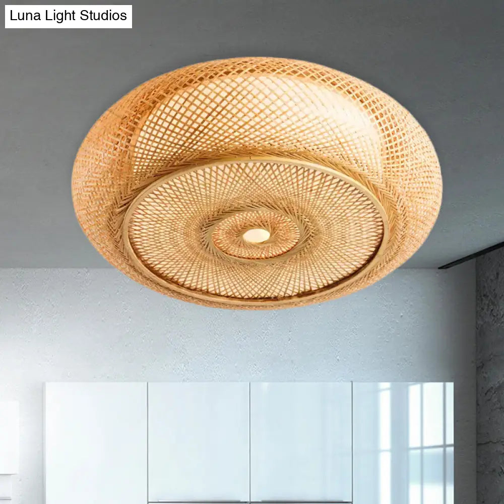 Handcrafted Bamboo Flush Mount Ceiling Light - 3-Light Beige Round Shade Fixture 16/19.5 Width Lamp