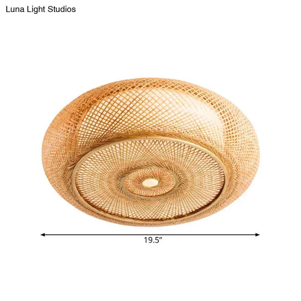 Handcrafted Bamboo Flush Mount Ceiling Light - 3-Light Beige Round Shade Fixture 16’/19.5’