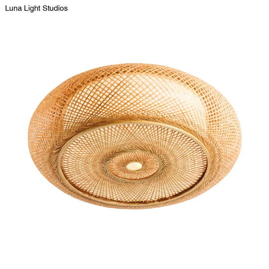 Handcrafted Bamboo Flush Mount Ceiling Light - 3-Light Beige Round Shade Fixture 16’/19.5’