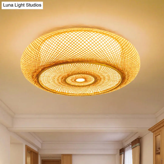 Handcrafted Bamboo Flush Mount Ceiling Light - 3-Light Beige Round Shade Fixture 16/19.5 Width / 16