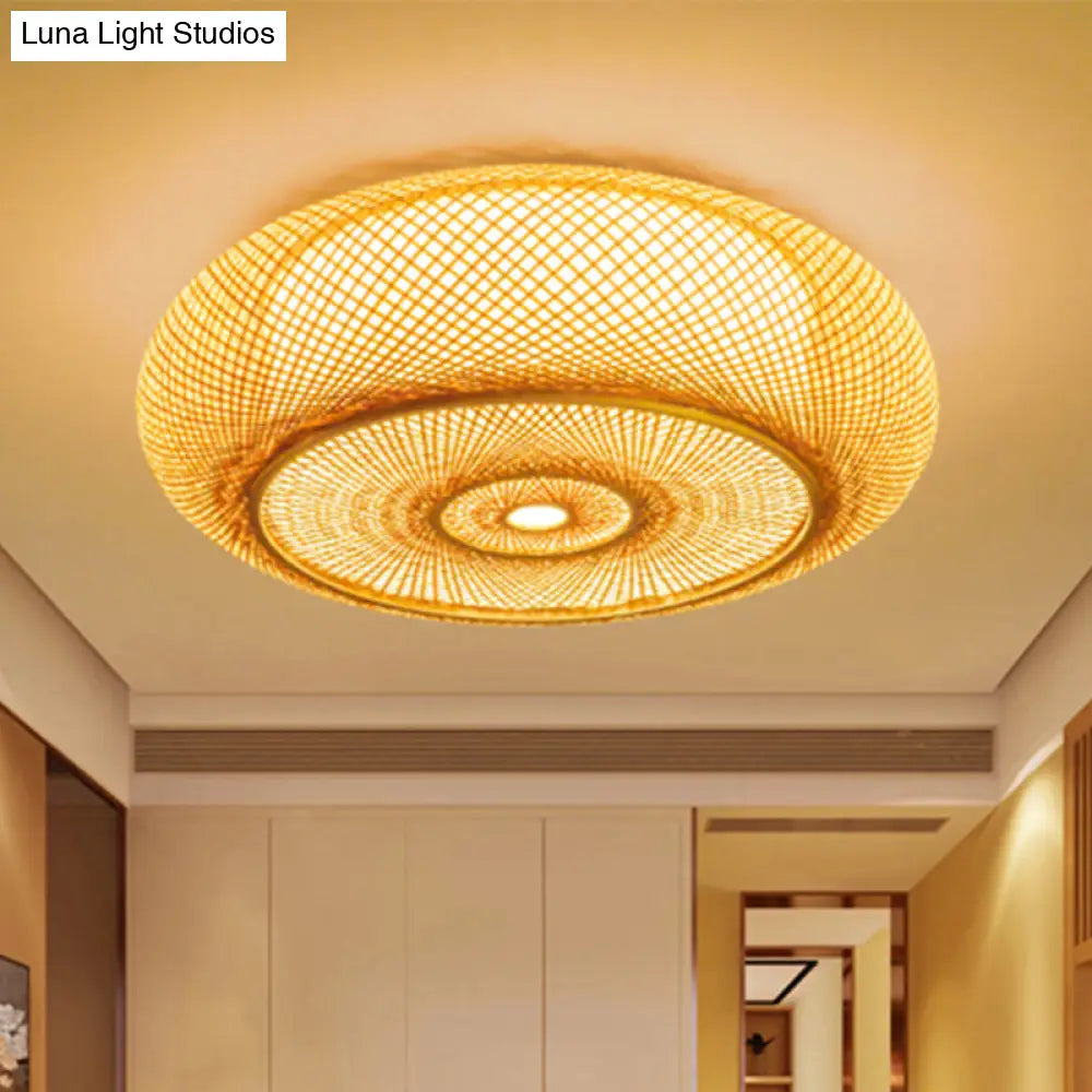 Handcrafted Bamboo Flush Mount Ceiling Light - 3-Light Beige Round Shade Fixture 16/19.5 Width Lamp