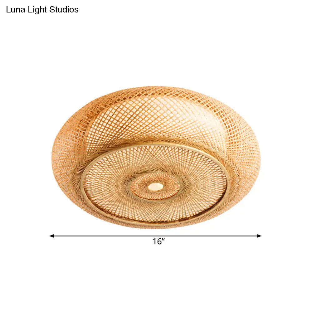 Handcrafted Bamboo Flush Mount Ceiling Light - 3-Light Beige Round Shade Fixture 16/19.5 Width Lamp