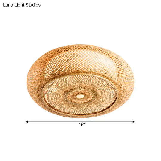 Handcrafted Bamboo Flush Mount Ceiling Light - 3-Light Beige Round Shade Fixture 16/19.5 Width Lamp