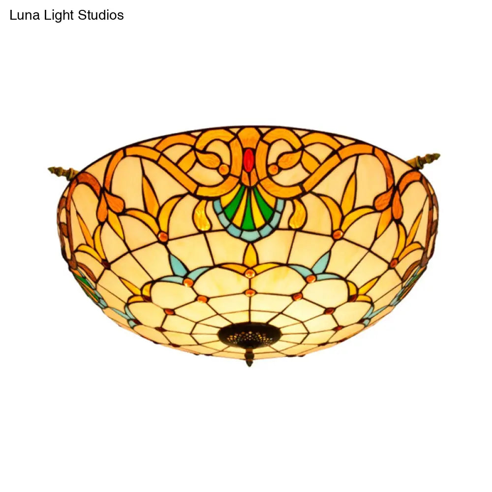 Handcrafted Baroque Dome Semi Flush Mount Ceiling Lamp With 5 Stained Glass Bulbs In White/Blue –