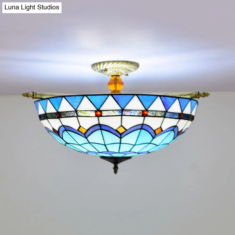 Handcrafted Baroque Dome Semi Flush Mount Ceiling Lamp With 5 Stained Glass Bulbs In White/Blue –