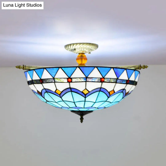 Handcrafted Baroque Dome Semi Flush Mount Ceiling Lamp With 5 Stained Glass Bulbs In White/Blue –