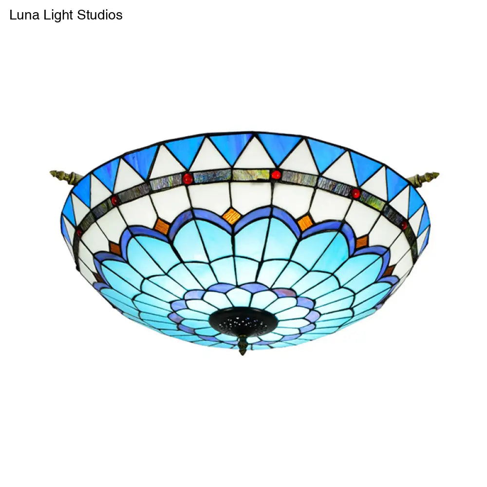 Handcrafted Baroque Dome Semi Flush Mount Ceiling Lamp With 5 Stained Glass Bulbs In White/Blue –