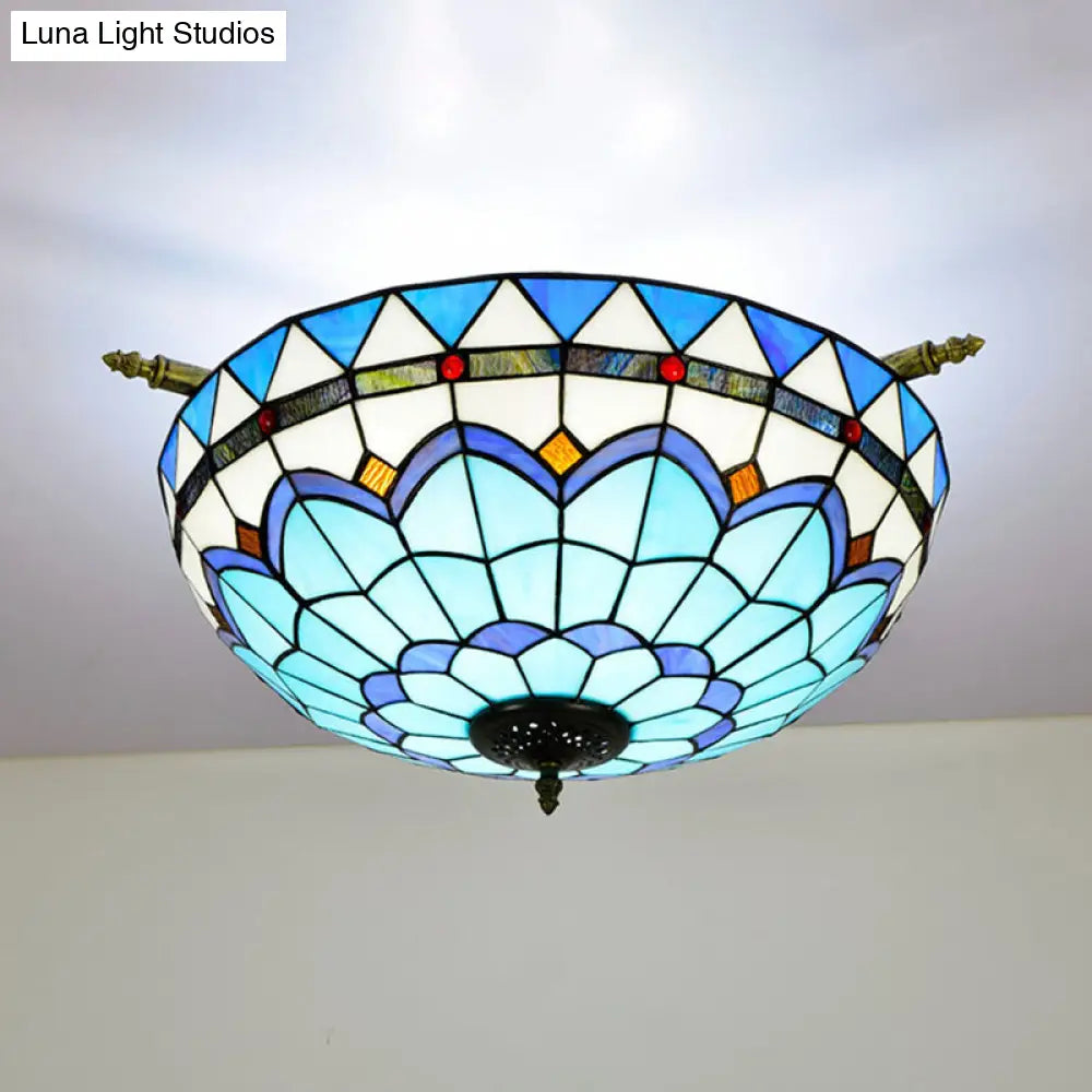 Handcrafted Baroque Dome Semi Flush Mount Stained Glass Ceiling Lamp - 5 Bulbs White/Blue 21.5/25.5