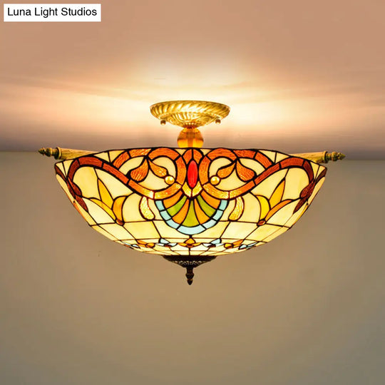 Handcrafted Baroque Dome Semi Flush Mount Stained Glass Ceiling Lamp - 5 Bulbs White/Blue 21.5/25.5