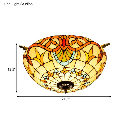 Handcrafted Baroque Dome Semi Flush Mount Stained Glass Ceiling Lamp - 5 Bulbs White/Blue 21.5/25.5