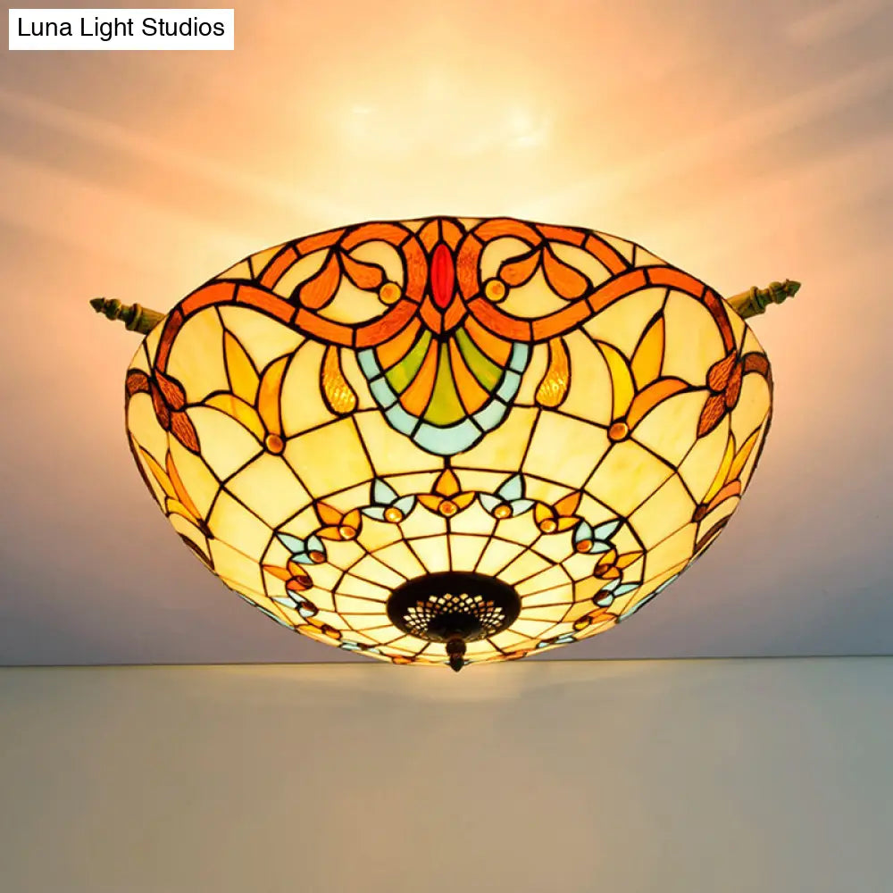 Handcrafted Baroque Dome Semi Flush Mount Stained Glass Ceiling Lamp - 5 Bulbs White/Blue 21.5/25.5