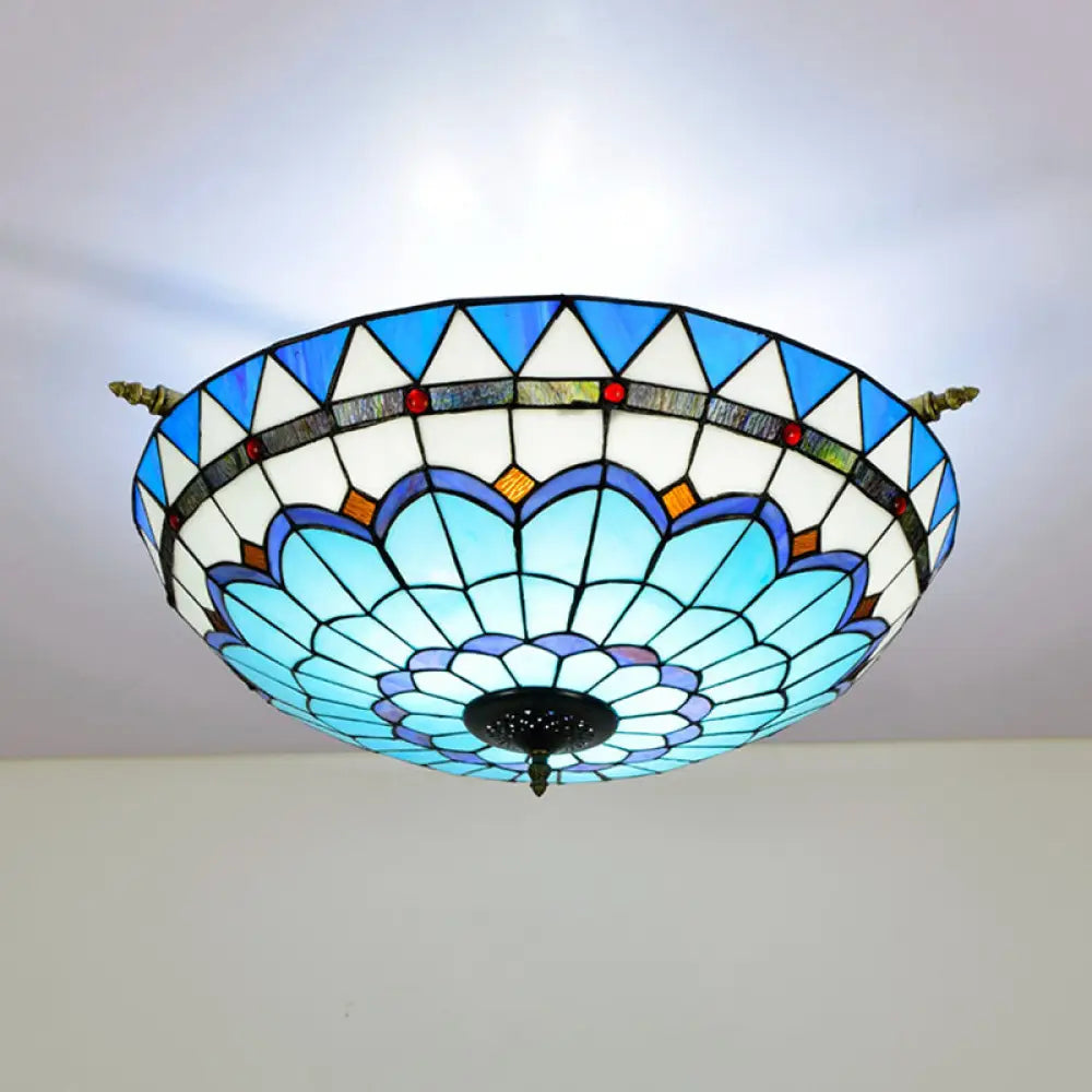 Handcrafted Baroque Dome Semi Flush Mount Ceiling Lamp With 5 Stained Glass Bulbs In White/Blue –