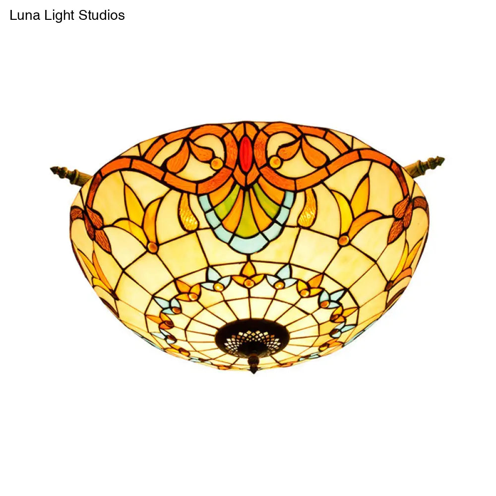 Handcrafted Baroque Dome Semi Flush Mount Ceiling Lamp With 5 Stained Glass Bulbs In White/Blue –