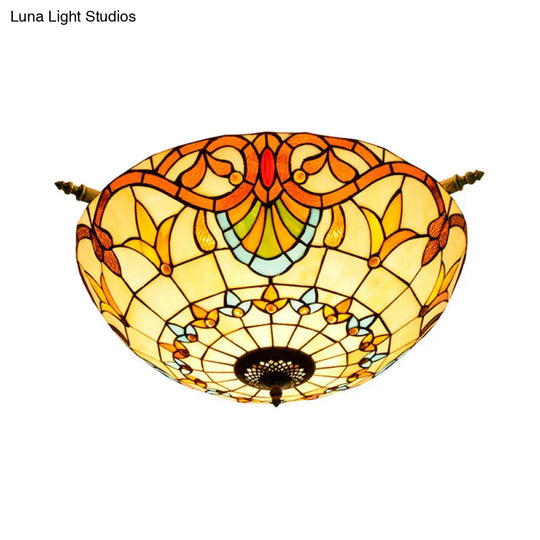 Handcrafted Baroque Dome Semi Flush Mount Ceiling Lamp With 5 Stained Glass Bulbs In White/Blue –