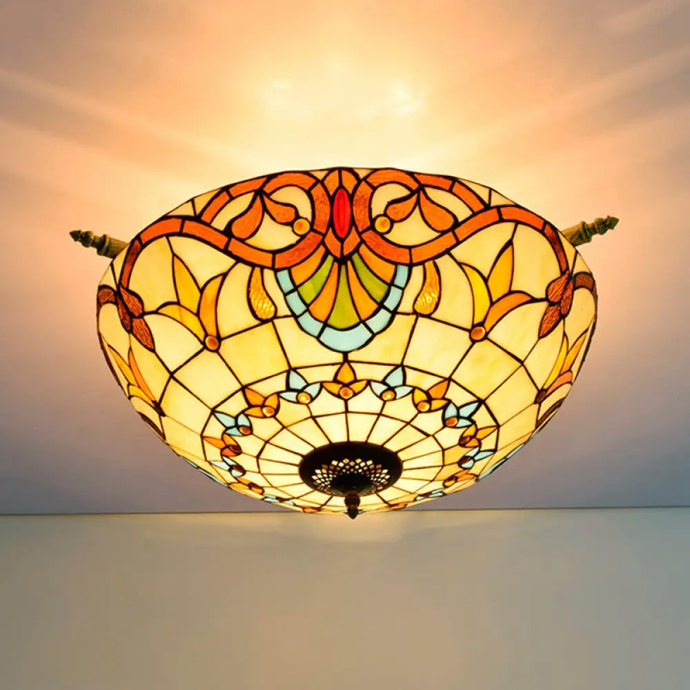 Handcrafted Baroque Dome Semi Flush Mount Ceiling Lamp With 5 Stained Glass Bulbs In White/Blue –