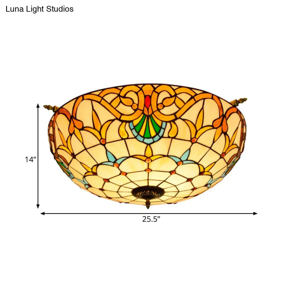 Handcrafted Baroque Dome Semi Flush Mount Stained Glass Ceiling Lamp - 5 Bulbs White/Blue 21.5/25.5