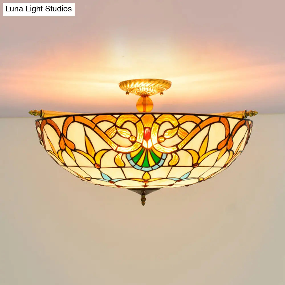 Handcrafted Baroque Dome Semi Flush Mount Ceiling Lamp With 5 Stained Glass Bulbs In White/Blue –