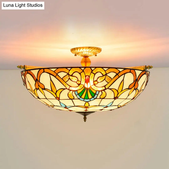 Handcrafted Baroque Dome Semi Flush Mount Ceiling Lamp With 5 Stained Glass Bulbs In White/Blue –