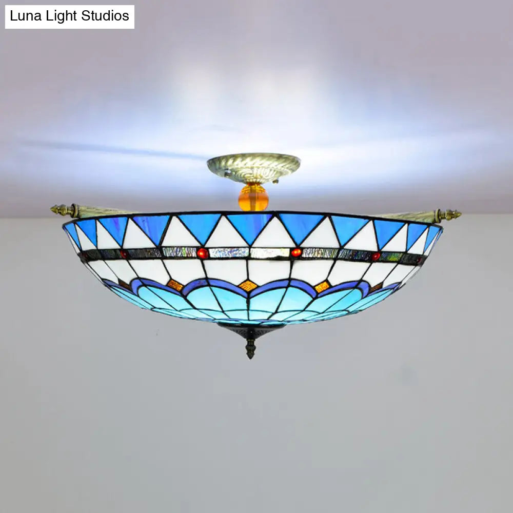 Handcrafted Baroque Dome Semi Flush Mount Stained Glass Ceiling Lamp - 5 Bulbs White/Blue 21.5/25.5