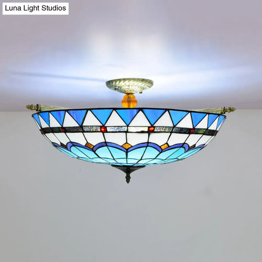 Handcrafted Baroque Dome Semi Flush Mount Stained Glass Ceiling Lamp - 5 Bulbs White/Blue 21.5/25.5