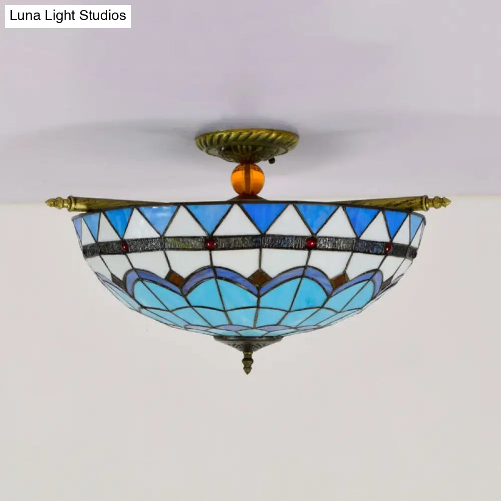 Handcrafted Baroque Dome Semi Flush Mount Stained Glass Ceiling Lamp - 5 Bulbs White/Blue 21.5/25.5