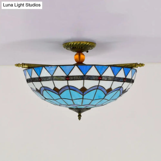 Handcrafted Baroque Dome Semi Flush Mount Stained Glass Ceiling Lamp - 5 Bulbs White/Blue 21.5/25.5