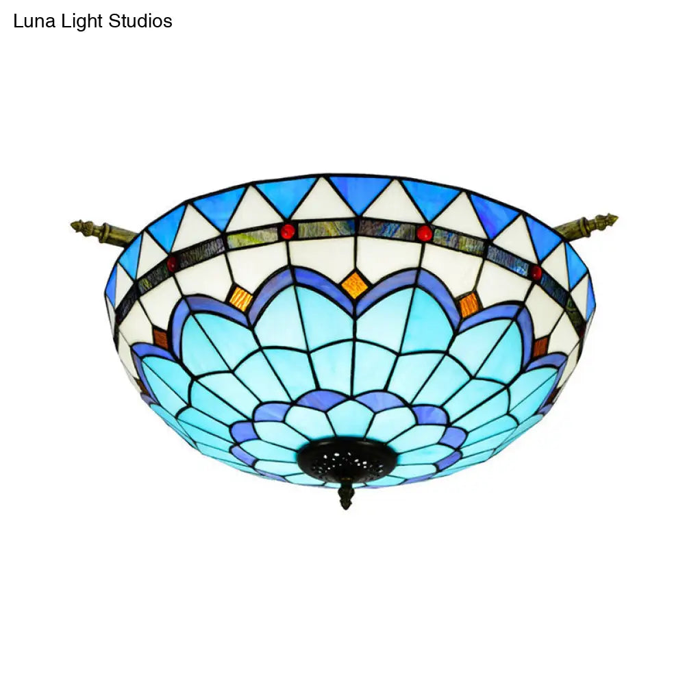 Handcrafted Baroque Dome Semi Flush Mount Stained Glass Ceiling Lamp - 5 Bulbs White/Blue 21.5/25.5