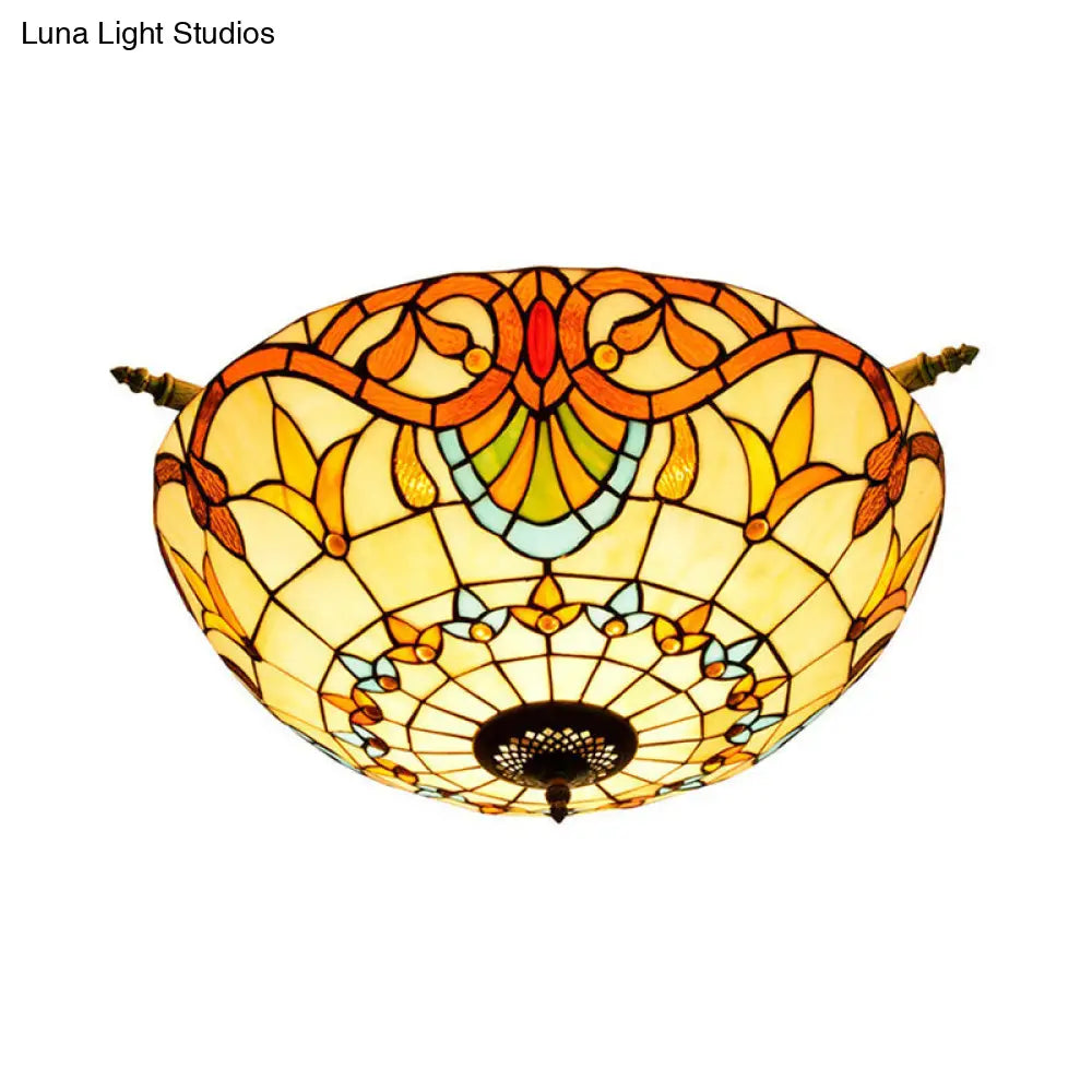 Handcrafted Baroque Dome Semi Flush Mount Stained Glass Ceiling Lamp - 5 Bulbs White/Blue 21.5/25.5