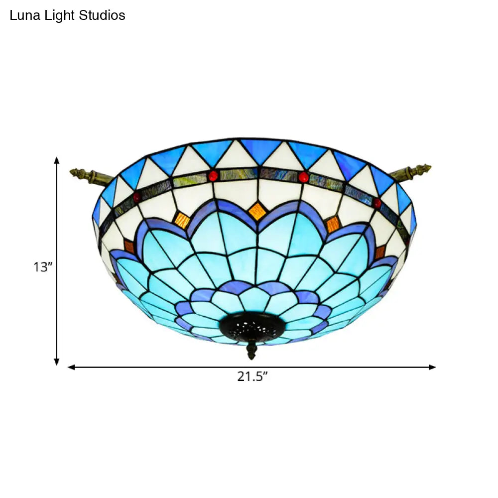 Handcrafted Baroque Dome Semi Flush Mount Ceiling Lamp With 5 Stained Glass Bulbs In White/Blue –