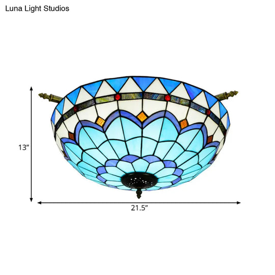 Handcrafted Baroque Dome Semi Flush Mount Ceiling Lamp With 5 Stained Glass Bulbs In White/Blue –