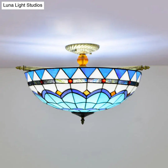 Handcrafted Baroque Dome Semi Flush Mount Stained Glass Ceiling Lamp - 5 Bulbs White/Blue 21.5/25.5