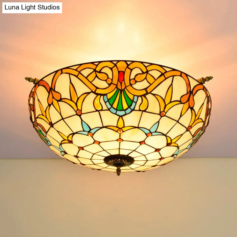 Handcrafted Baroque Dome Semi Flush Mount Stained Glass Ceiling Lamp - 5 Bulbs White/Blue 21.5/25.5