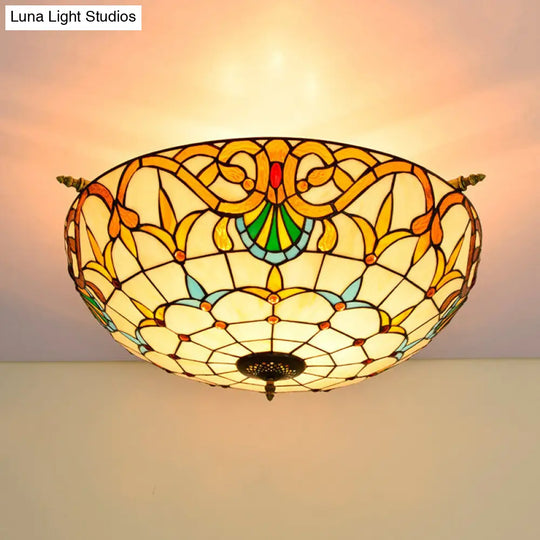 Handcrafted Baroque Dome Semi Flush Mount Stained Glass Ceiling Lamp - 5 Bulbs White/Blue 21.5/25.5