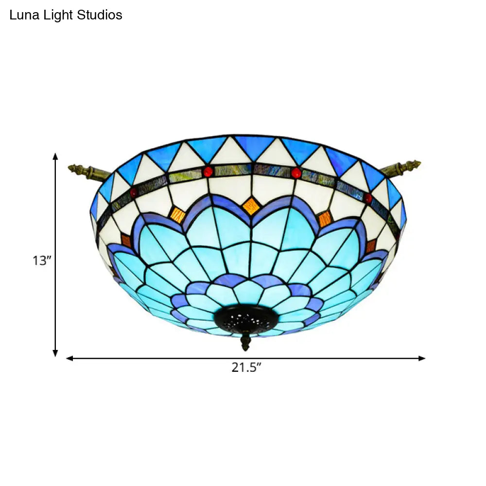 Handcrafted Baroque Dome Semi Flush Mount Stained Glass Ceiling Lamp - 5 Bulbs White/Blue 21.5/25.5